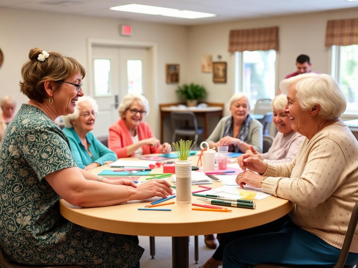 Seniors gathered around a table for an afternoon crafts activity