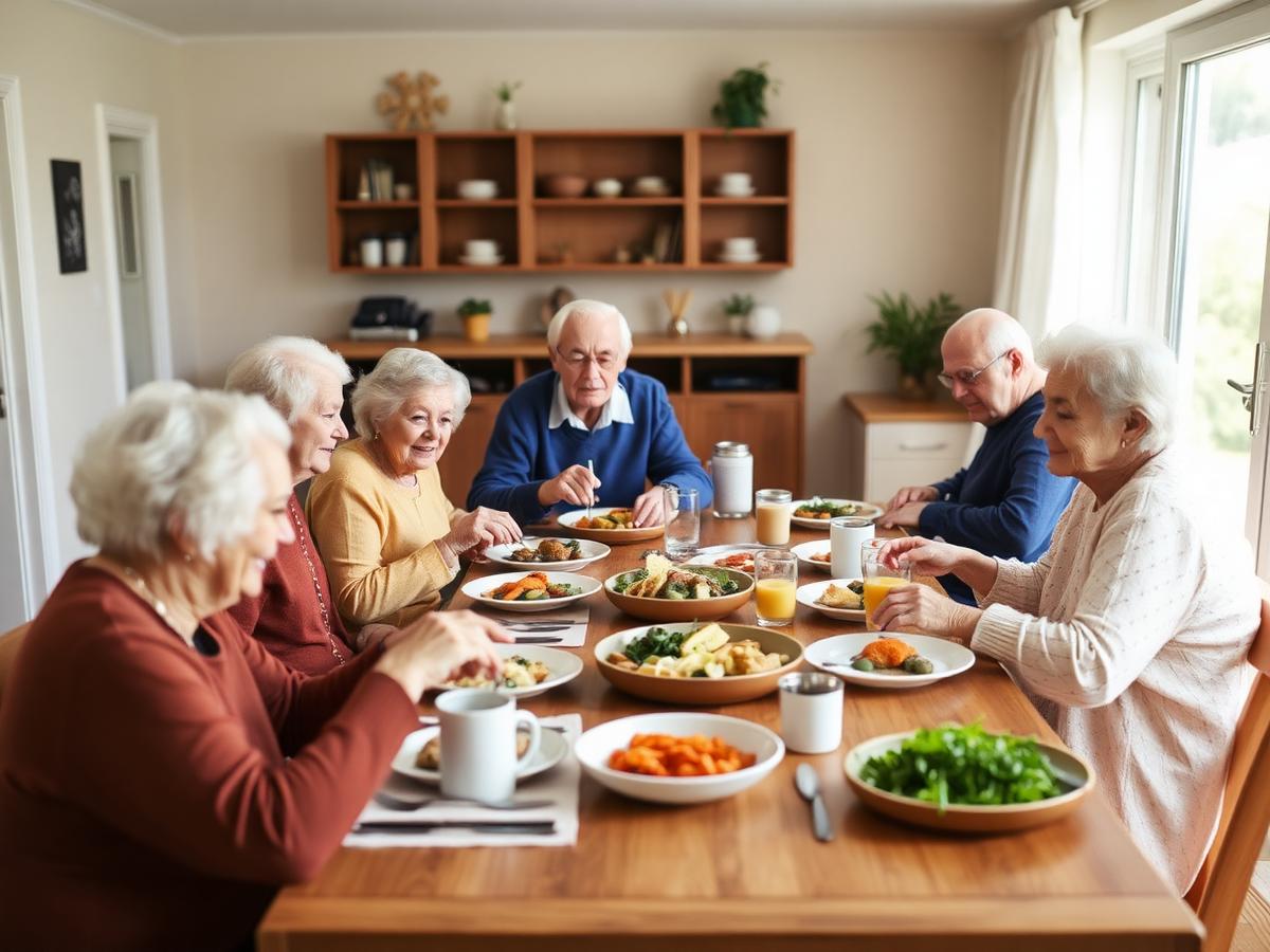 Residents sharing a home-style meal at the long dining table