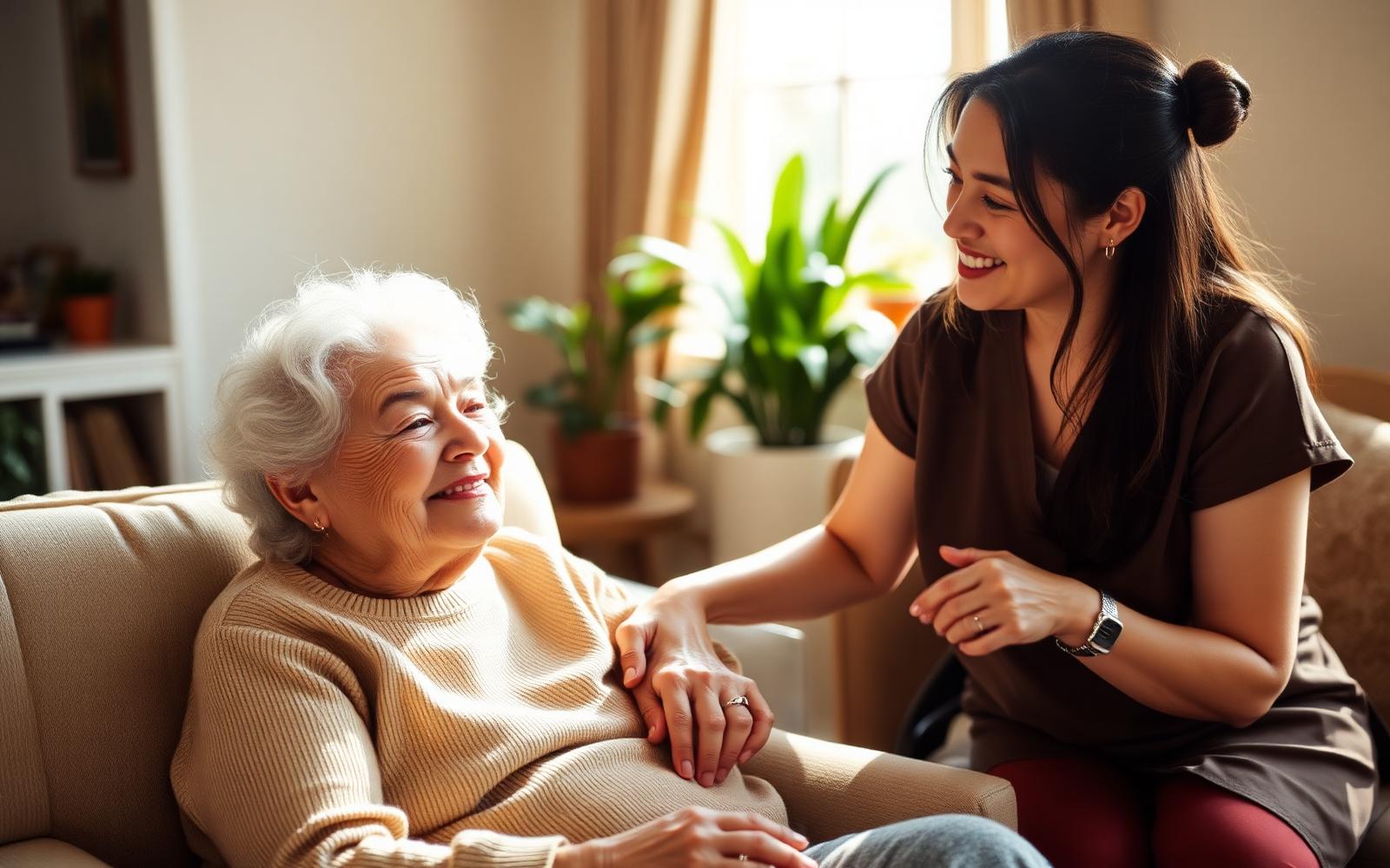 A smiling senior resident sitting with her caregiver in a sunlit living room