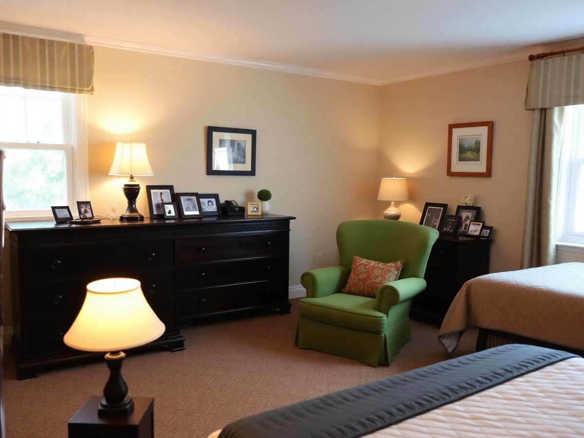 A private suite with a green armchair and warm lamp light